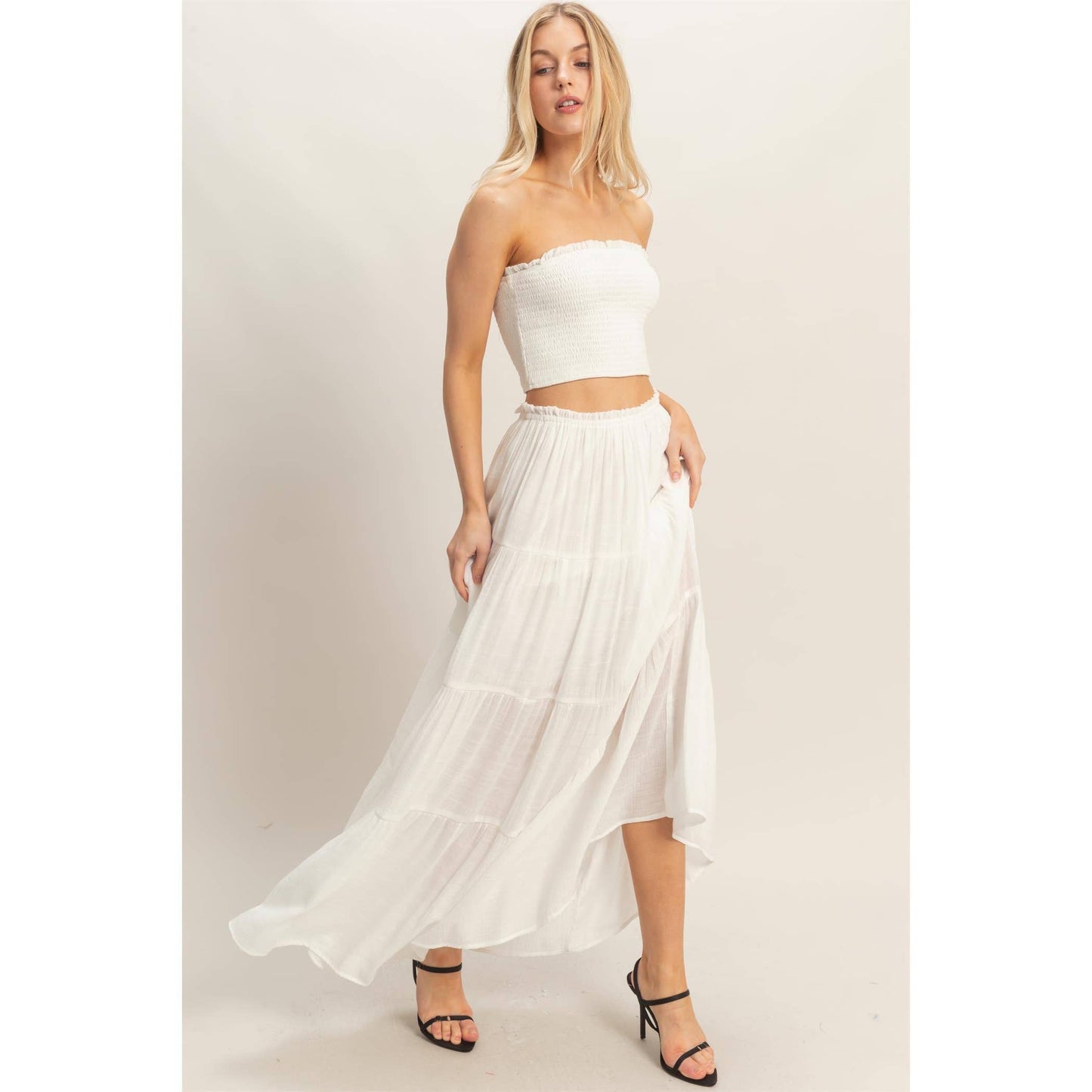White Smocked Tube Top & Tiered Skirt Set
