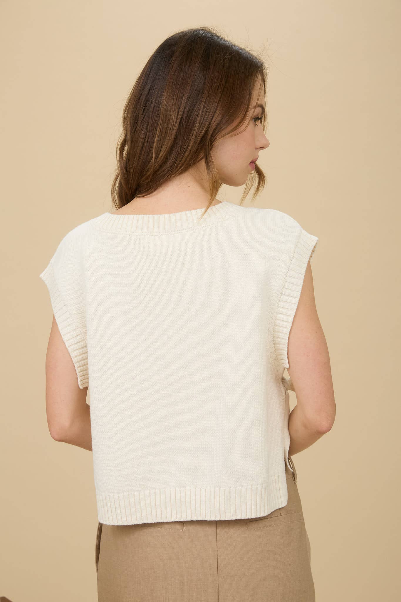 CABLE KNIT V NECK SIDE TIE SWEATER VEST GREEN