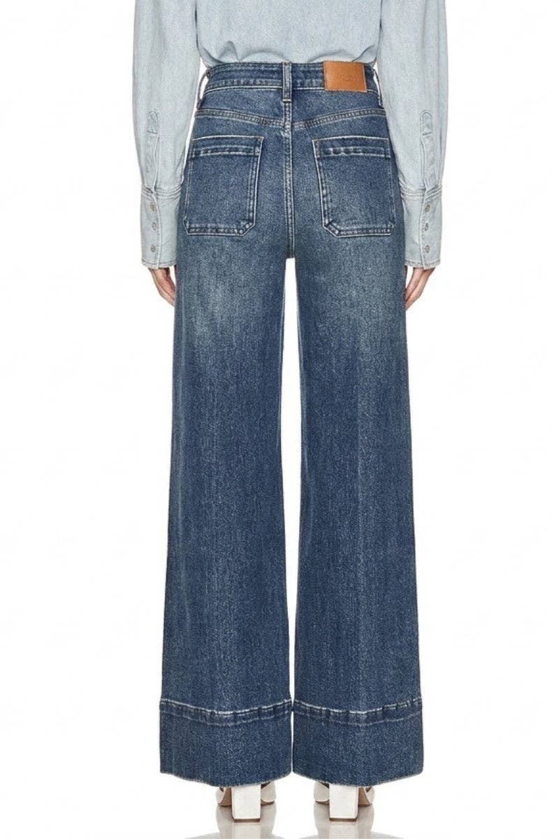 HIGH RISE TUMMY CONTROL SLIM PALAZZO JEANS: Dark wash / 9 (28)
