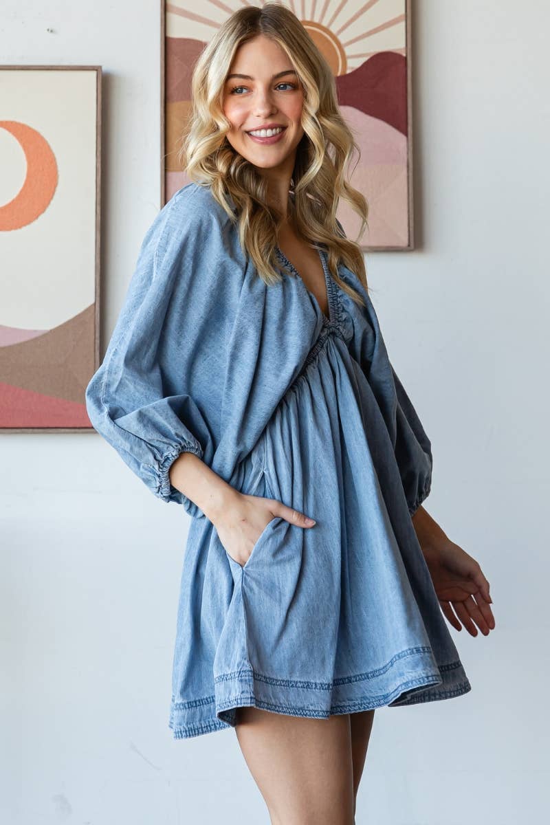 V-neck Puff Sleeve Denim Dress