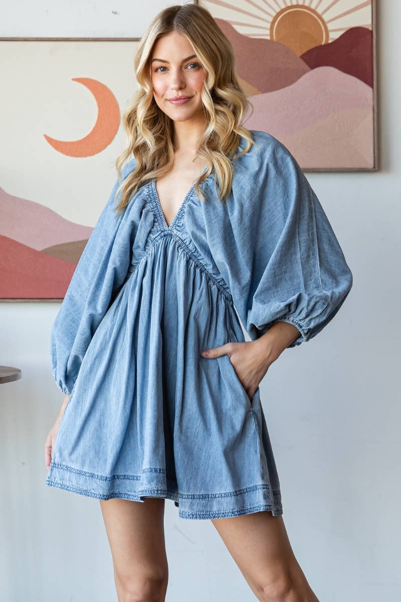 V-neck Puff Sleeve Denim Dress
