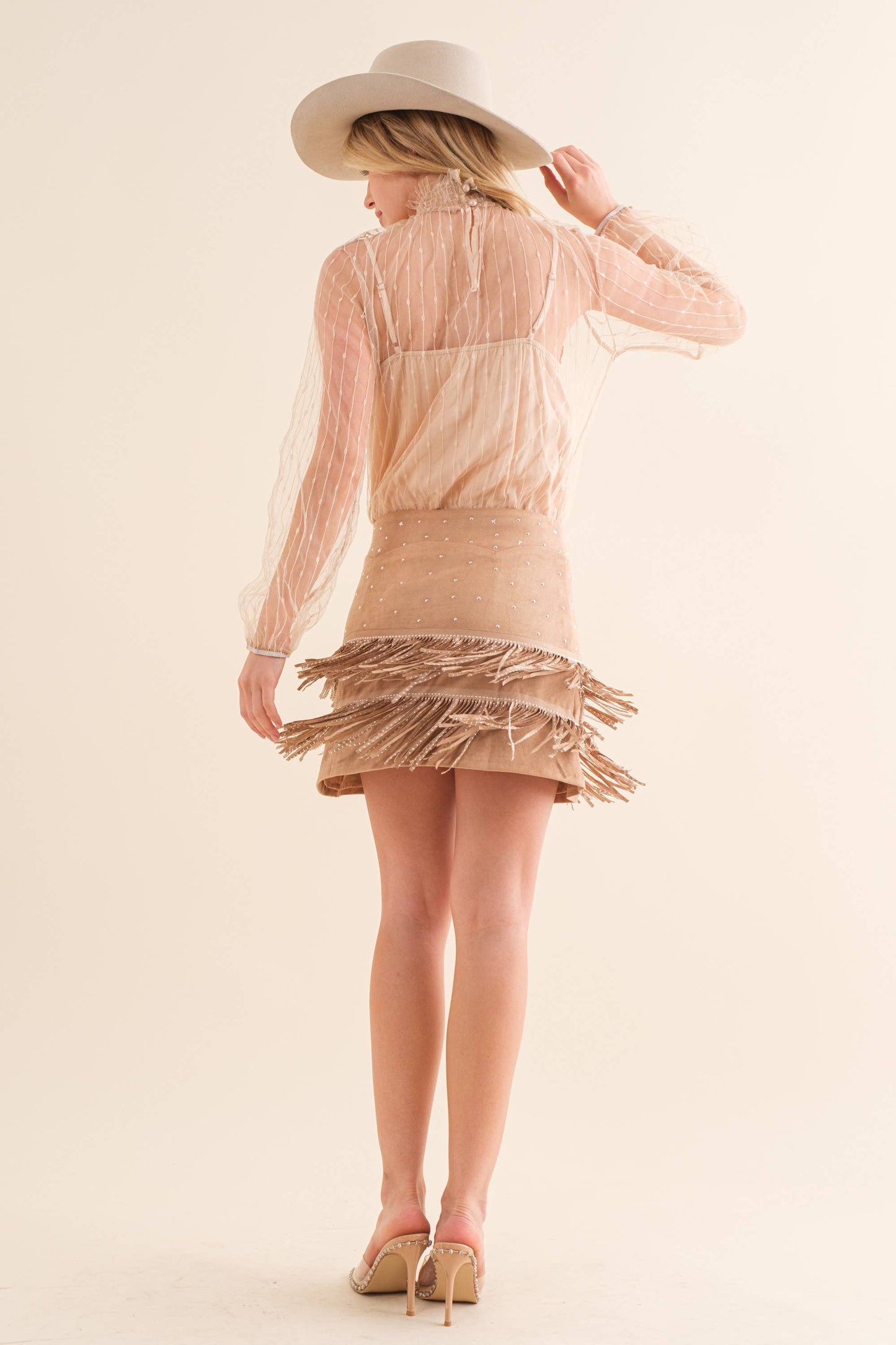 Suede Star Studded Fringe Skirt Tan