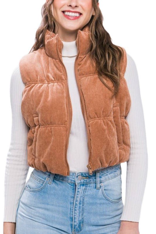 Corduroy Puffer Vest With Pockets Camel