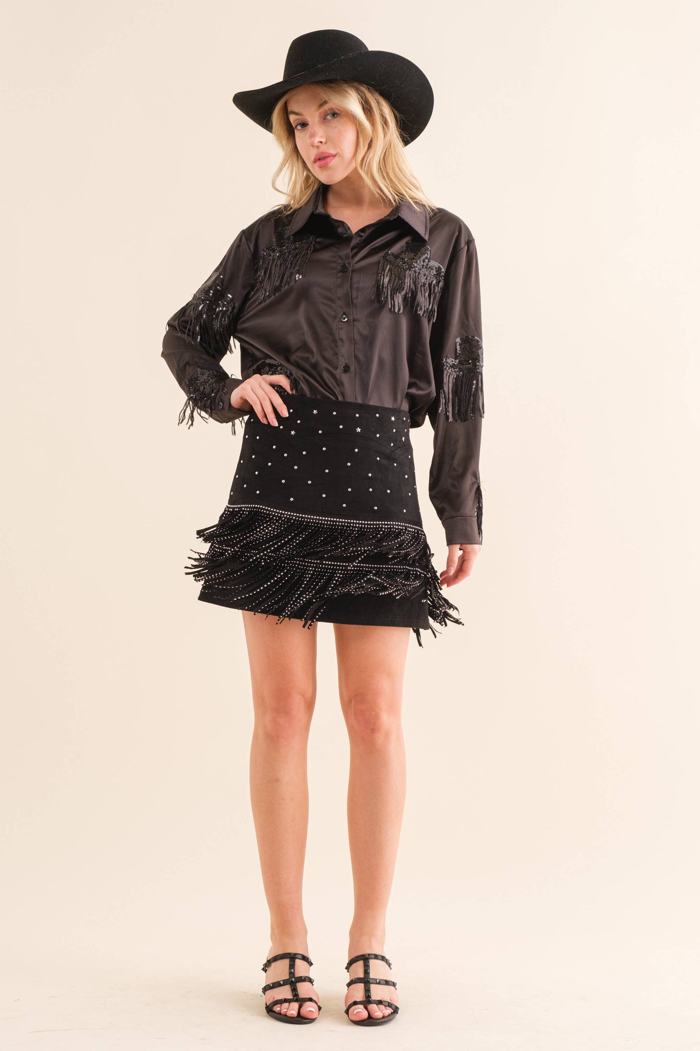 Suede Studded Tiered Fringe Skirt Black