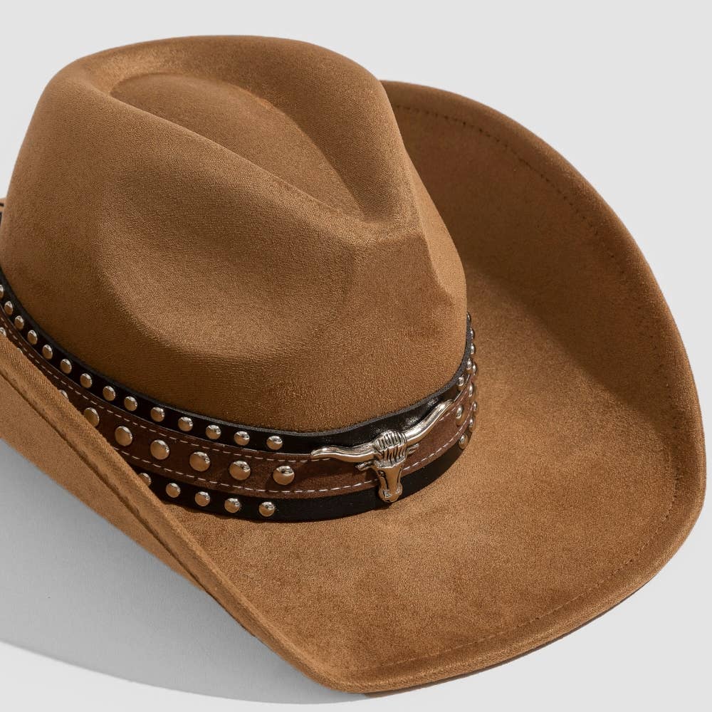 Layered Western Bull Head Strap Cowboy Hat