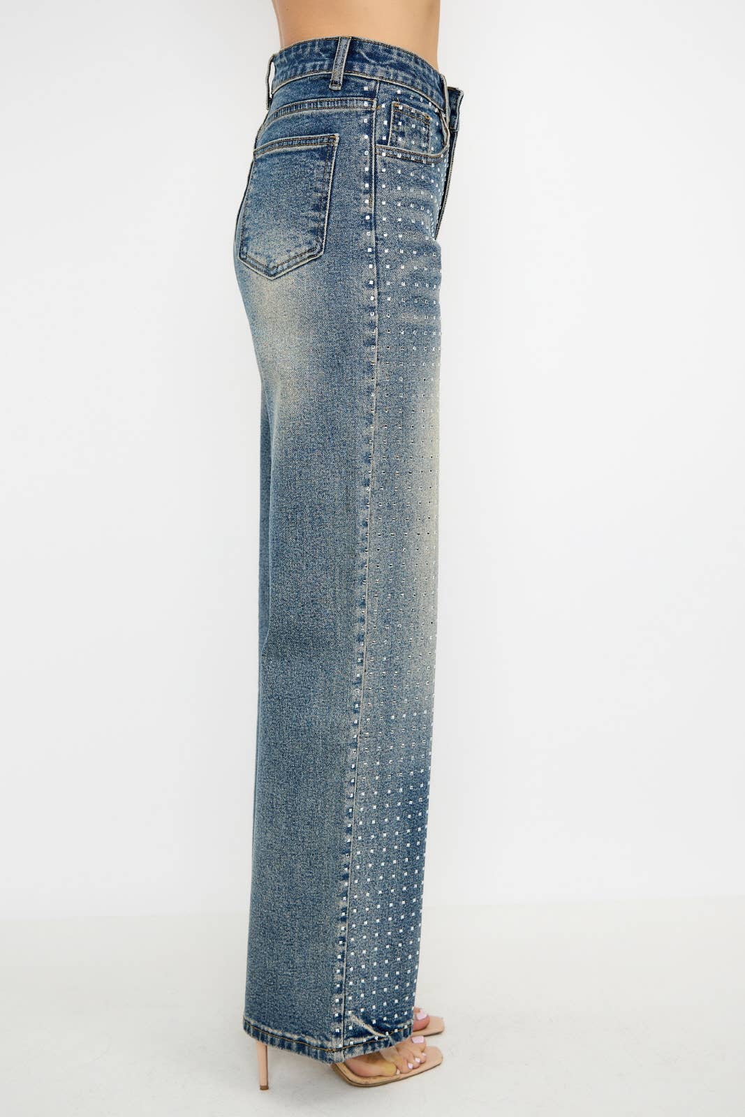 Rhinestone High Waisted Stretch Wide Leg Denim Pants