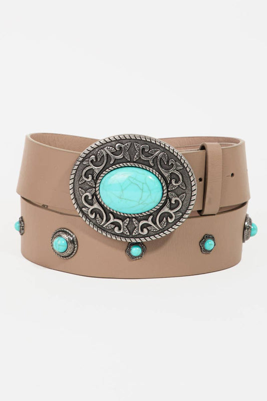 Engraved Oval Buckle Turquoise Belt Tan