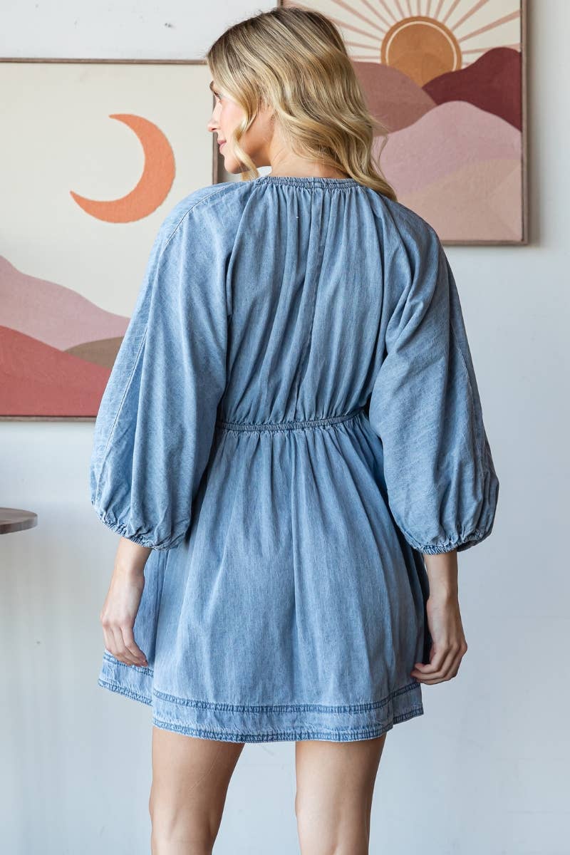 V-neck Puff Sleeve Denim Dress