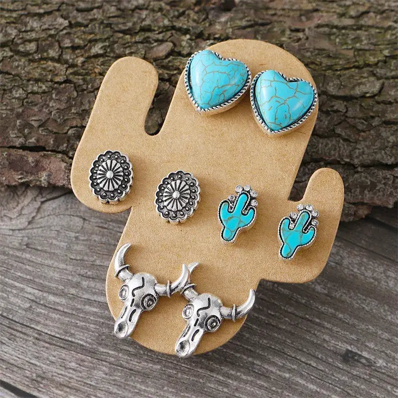 Set of 4 Turquoise Stud Earrings Western Theme: Steer