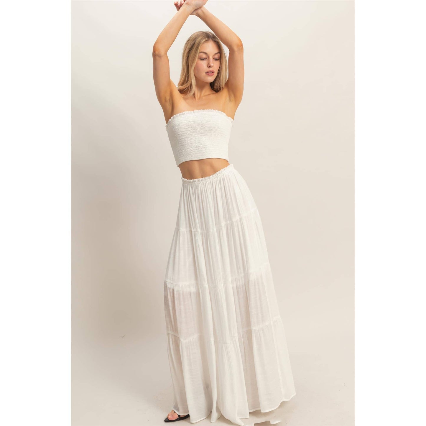 White Smocked Tube Top & Tiered Skirt Set