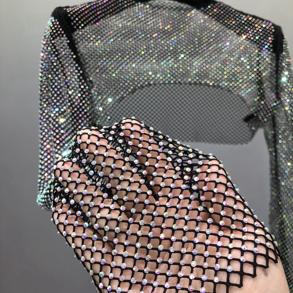Crystal Glitter Crop Long Sleeve Rhinestone Fishnet Top