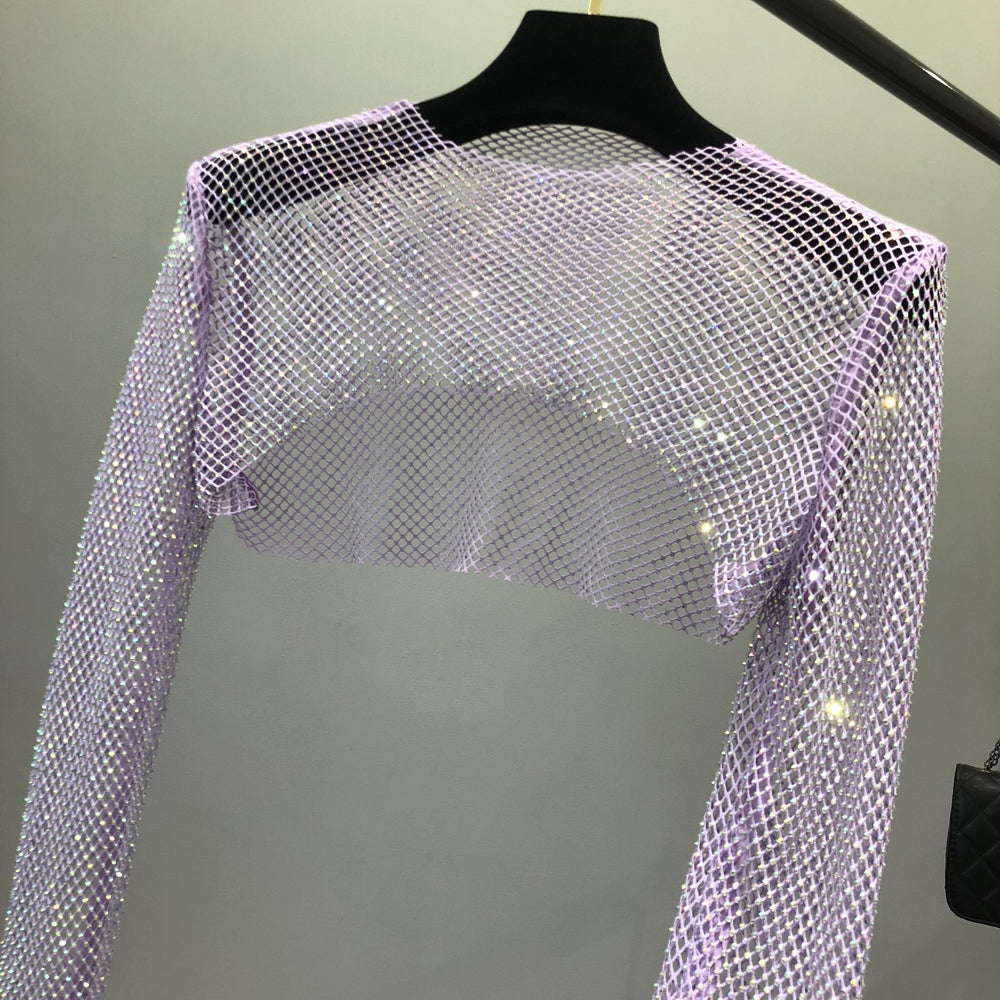 Crystal Glitter Crop Long Sleeve Rhinestone Fishnet Top – Kimberly&Company