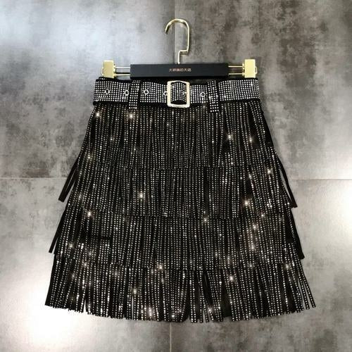 New High Waist Rhinestone Fringe Skirt